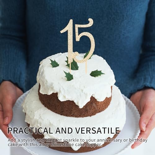 15 Cake Topper, Number 15 Birthday Alloy Crystal Rhinestones Cake Topper Cake Decoration for 15th Birthday or Anniversary Party (Gold)