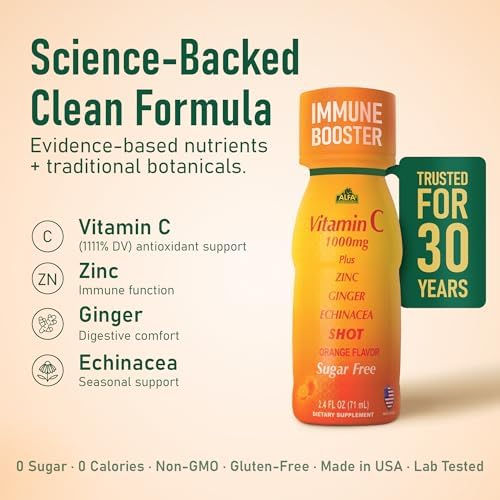 ALFA VITAMINS Vitamin C Shot 1000mg with Zinc, Ginger & Echinacea – Supports Immune Health & Daily Wellness – Orange Flavor – 2.4 FL Oz Bottle – 20 Pack