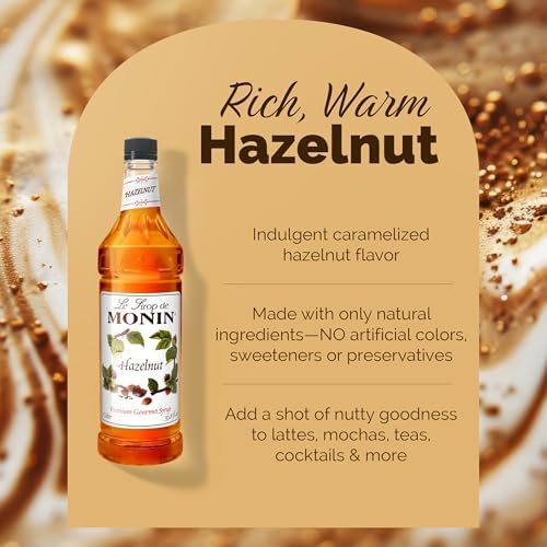 Monin - Hazelnut Syrup, Nutty Taste of Caramelized Hazelnut, Natural Flavors, Great for Mochas, Lattes, Smoothies, Shakes, and Cocktails, Non-GMO, Gluten-Free (1 Liter, 4-Pack)