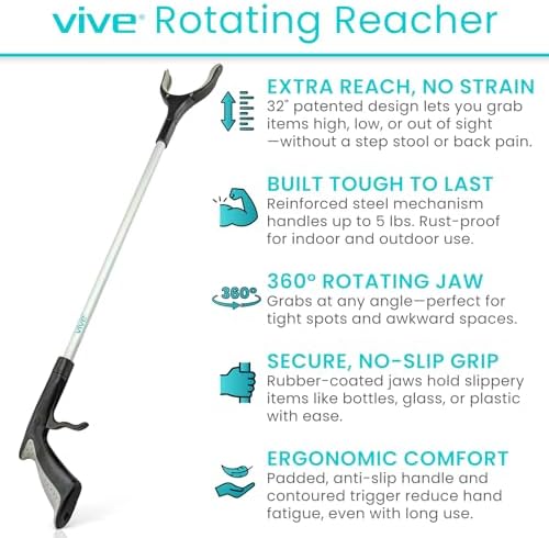 Vive Reacher Grabber 32" - Extra Long Mobility Aid - Rotating Hand, Heavy Duty Grip Arm - Reaching Assist Tool for Trash Pickup, Litter Picker, Garden Nabber, Disabled, Handicap Arm
