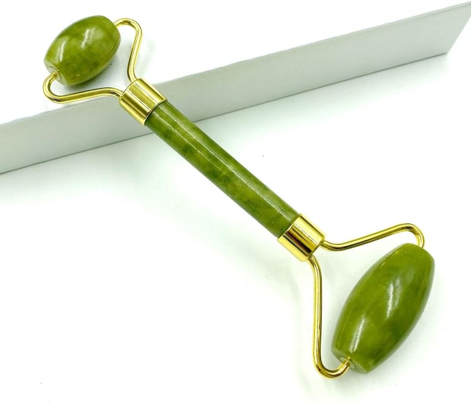 Natural Jade Facial Massage Roller and Gua Sha Set, Green Stone with Gold Accents, Traditional Chinese Beauty Tools for Face
