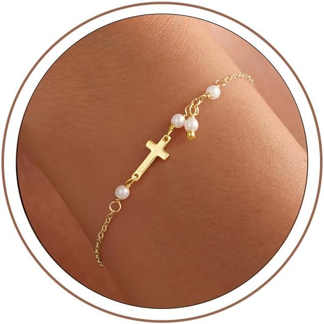 Turandoss Gold Cross Bracelets for Women - 14K Gold Plated Satellite Bead CZ Pearl Holy Mary Medal Cross Bracelet Dainty Bracelets for Women Faith Jewelry Christian Baptism Religious Gifts