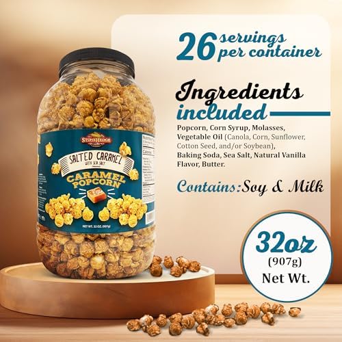 Stonehedge Farms Salted Caramel Flavored Popcorn | 32 oz Large Tub | Perfect for Holidays and Christmas | Bulk Gourmet Popped Sweet Snacks | Pop Corn Gift