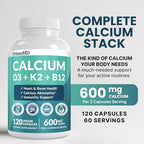 4-in-1 Calcium Supplements for Women & Men - Calcium Citrate with D3 K2 Vitamin 5000 IU - Calcium 600mg with Vitamin D3 K2 - Everyday Vitality Supplement - Vegan-Friendly, Gluten-Free (120 Capsules)