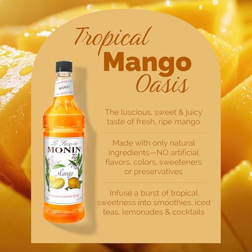 Monin - Mango Syrup, Tropical and Sweet, Great for Cocktails, Sodas, and Lemonades, Gluten-Free, Non-GMO (1 Liter, 4-Pack)