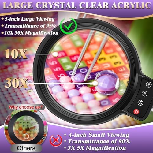 10X 30X Large Magnifying Glass with Light and Stand, 5-inch Lighted Magnifier, 72 LED 3 Color Modes Stepless Dimmable, Hands-Free Magnifying Glass Desk Lamp for Reading Craft Hobby Close Work Black