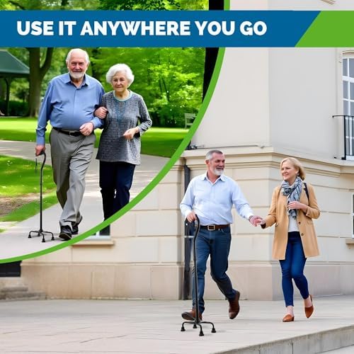 HONEYBULL Walking Quad Cane for Men & Women - Adjustable, Lightweight Quad Cane with Large 4 Pronged Base for Extra Balance & Stability; Walking Canes for Seniors, Walking Sticks (Black)