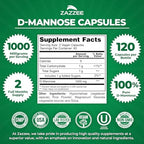 Zazzee D-Mannose, 1000 mg per Serving, 120 Vegan Capsules, 2 Month Supply, Potent & Fast-Acting, Certified Kosher, 100% Pure, All-Natural Urinary Tract Health Support, 100% Vegetarian, Non-GMO
