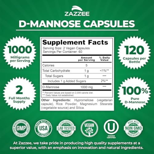 Zazzee D-Mannose, 1000 mg per Serving, 120 Vegan Capsules, 2 Month Supply, Potent & Fast-Acting, Certified Kosher, 100% Pure, All-Natural Urinary Tract Health Support, 100% Vegetarian, Non-GMO