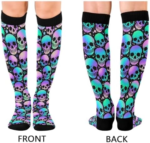 1 Pair Halloween Bright Skulls Compression Socks 20-30mmHg Knee High Women Socks Tube Athletic Stockings for Men Sport Soccer Running Cycling Medical Nurse Winter Travel