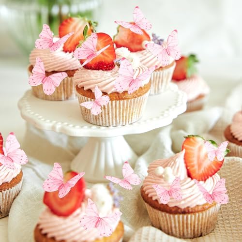 40 Pcs Pink Butterfly Cake Decorations Edible Butterfly Cupcake Toppers Pink Wafer Paper Butterflies Cake Toppers for Wedding Birthday Party Cupcakes Decorating Supplies