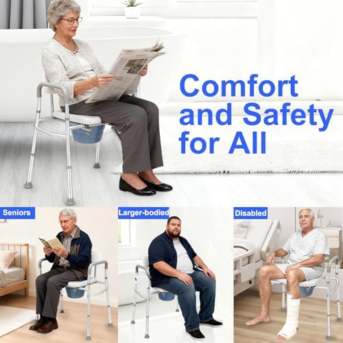 3 in 1 Bedside Commode,Commode Toilet with Padded Seat and Backrest,Includes 40 Liners and 6.5QT Foldable Bucket,Adjustable Height & Width,Fits Most Body Sizes,Potty Chair for Adults and Seniors