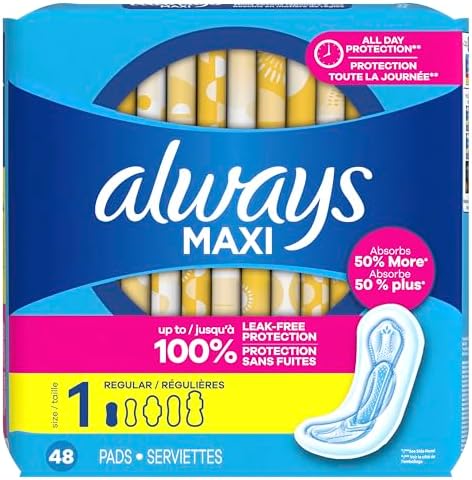 Always Maxi Feminine Pads Without Wings for Women, Size 1, Regular Absorbency, Unscented 48 Count