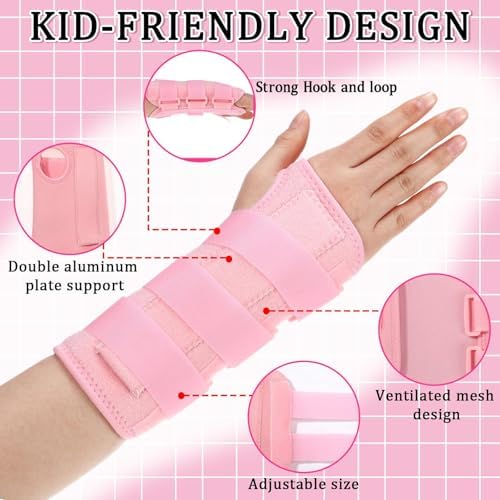 Konohan 2 Pcs Wrist Brace for Kids Youth Carpal Splints Wrist Brace Sports Night Support with Adjustable Compression Straps for Children Sleep (Pink,Age 3-8)
