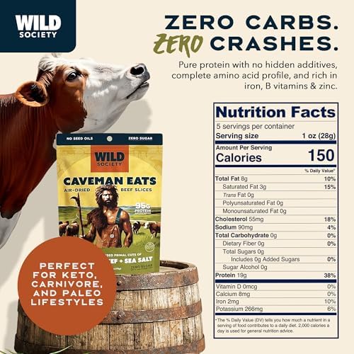 Wild Society - Caveman Eats - Grass Fed Ribeye Steak Slices - 95g Protein - Only Steak & Salt - 2 Ingredients - Air dried Beef Jerky Carnivore Snacks Crisps - Sugar Free, Gluten Free, Keto, Paleo (5oz)