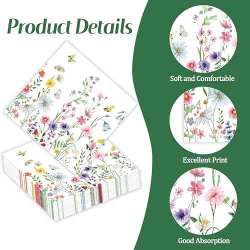 50 Pcs Wildflower Napkins 13 X 13 Inches, Floral Paper Napkins Disposable Flower Cocktail Napkins For Spring Summer Picnic Wedding Baby Shower Birthday Tea Party Decorations