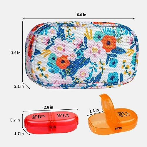 Serfeymi Weekly Travel Pill Organizer 2 Times A Day AM PM Upgraded Rainbow Pill Box 7 Day with Portable Zipper Canvas Pill Case, Medicine Organizer for Pills, Vitamins, Fish Oils - Bloom 01