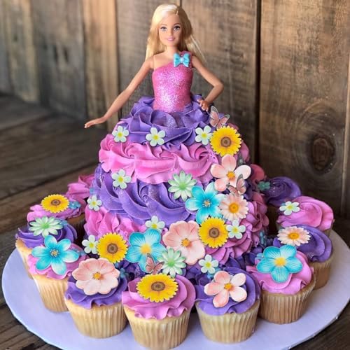 Morofme 55pcs Edible Flower Butterflies Cake Topper Wafer Paper Flower Cupcake Toppers Hawaiian Flower Cake Decorations Mixed Size for Tropical Luau Themed Birthday Baby Shower Party Supplies