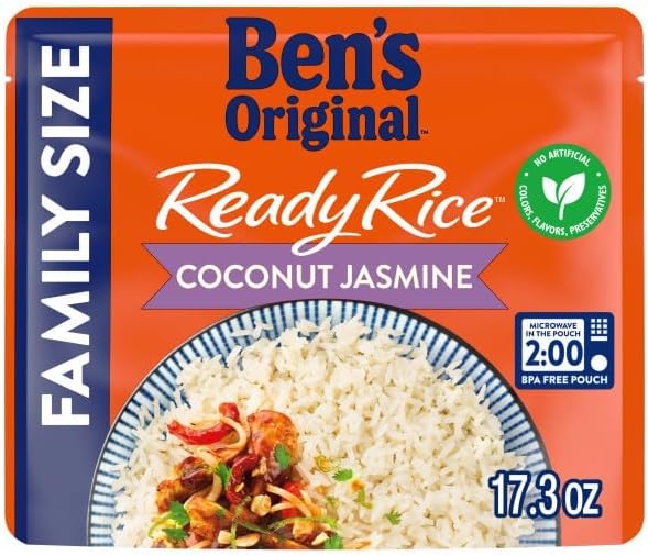 BEN'S ORIGINAL READY RICE Coconut Jasmine Family Size Rice, Easy Dinner Side, 17.3 oz Pouch (Pack of 6)