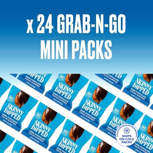 SkinnyDipped Dark Chocolate Cocoa Almonds, Healthy Snack, Plant Protein, Gluten Free, 0.46 oz Mini Bags, Pack of 24