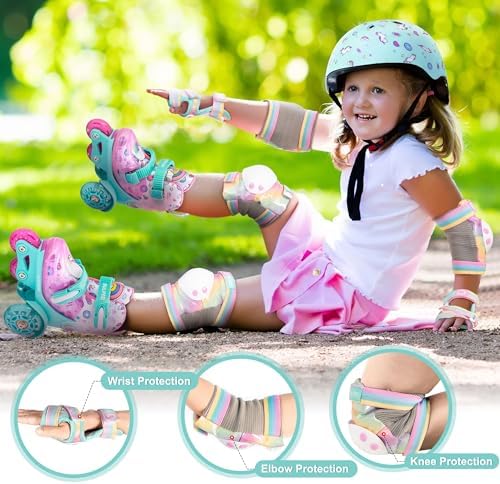 SULIFEEL Rainbow Unicorn Knee Pads for Kids Knee Elbow Pads Wrist Guards with Drawstring Bag Adjustable Protective Gear Set for Girls Roller Skating Bike Cycling Skateboard Scooter Dazzling Small