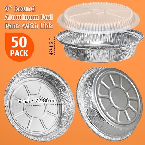 50 Pack 9" Round Aluminum Pans with Clear Lids, Pie Tins Disposable Foil Pans with Lids, Take Out Containers, Freezer Oven Safe Aluminum Baking Pans for Storing, Baking, Meal Prep & Reheating