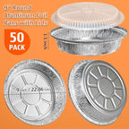 50 Pack 9" Round Aluminum Pans with Clear Lids, Pie Tins Disposable Foil Pans with Lids, Take Out Containers, Freezer Oven Safe Aluminum Baking Pans for Storing, Baking, Meal Prep & Reheating