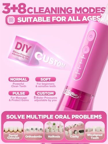 WELLFINE Water Dental Flosser Teeth Pick - 4 Modes Cordless Oral Irrigator 300ML Portable Rechargeable IPX7 Waterproof Powerful Battery Life Water Dental Piks for Cleaning for Home Travel (Magenta)