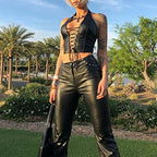 Sexy Corset Tops for Women Adjustable Spaghetti Straps PU Leather Bustier Crop Top Rave Outfit Party Club Night Black