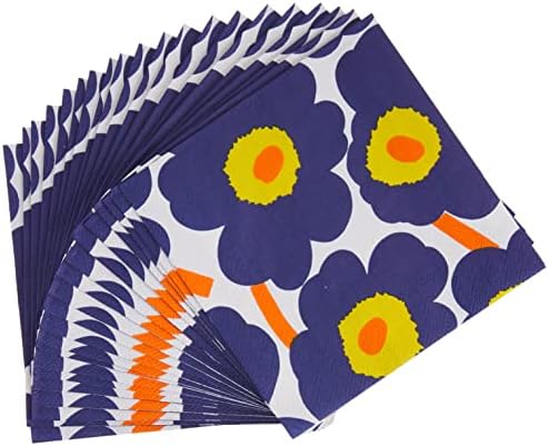 IHR Ideal Home Range Cocktail Napkins Marimekko Disposable 3-Ply Paper Party Napkin Pack, 5" x 5", Unikko Dark Blue, 20-Count