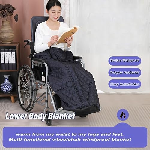Wheelchair Blanket with Zipper,Silky Short-Pile Arctic Fleece Cushion Knee Cover for Adults, Leg and Foot Warmer Cover, Winter Ponchos Jacket for Wheelchair Users Warmth Universal Fit Black