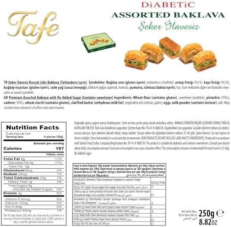 Tafe Sugar Free Assorted Baklava Gift Box - No Added Sugar Diabetic Friendly Snacks - Premium Turkish Pastry with Pistachio & Cashew - Authentic Mediterranean Dessert - 8.82 oz (250g)