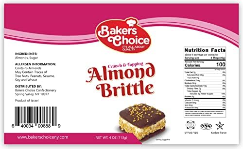 Baker’s Choice Almond Brittle Crunch - Nut Dessert Ice Cream Topping - For Ice Cream, Sundaes, Cupcakes, or Milkshakes - Dairy Free, Kosher - 4 oz.