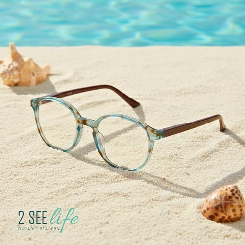 2SeeLife Small Round Reading Glasses for Men & Women – Narrow-Medium Fit, Sturdy Frame, Spring Hinges, Premium Retro Readers, Aqua Blue, +1.00