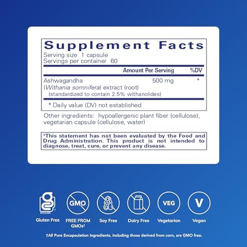 Pure Encapsulations Ashwagandha - 500 mg Ashwagandha Extract - Metabolism & Stress Support - Immune Support - GMO Free & Vegan - 60 Capsules