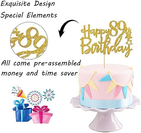 Gold Glitter Happy 89th Birthday Cake Topper - 89 Sign Cake Topper - Cheers to 89 Years Party Supplies - 89th Birthday Party Decorations