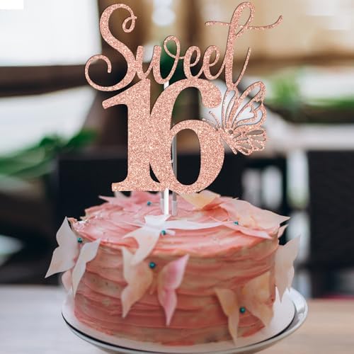 Rose Gold Glitter Sweet 16 Cake Topper, Butterfly Happy 16th Birthday/Happy Sweet 16, Funny Butterfly Themed 16th Birthday Party Decorations