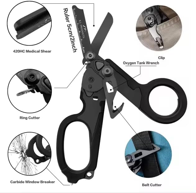 6 in 1 Multifunctional Trauma Shears Foldable with Strap Cutter | Carbon Black (Carbon Black)