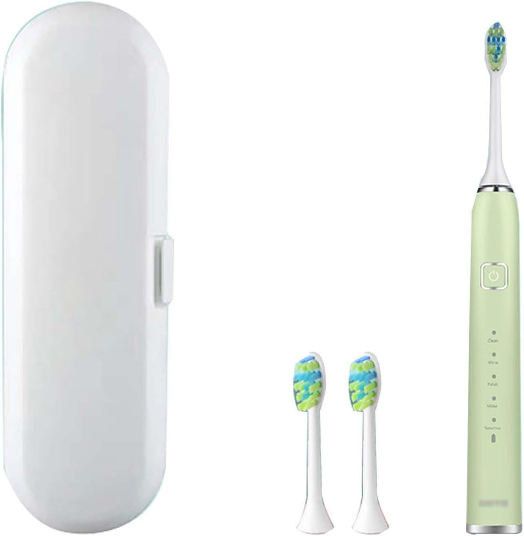 BNEI Sonic Electric Toothbrush, 5 Modes, 2-Minute Timer, 35-Day Life, 38,000 Vibrations/Minute, 2 Replaceable Brush Heads, White/Black/Green/Pink (Green)