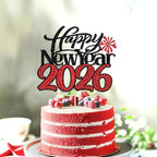 Happy New Year 2026 Cake Topper-Winter Xmas Holiday Cake Decor, Hello 2026 New Year's Eve/Christmas/Happy Holidays Party Decorations (Design 2-Black Red)