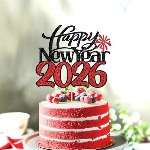 Happy New Year 2026 Cake Topper-Winter Xmas Holiday Cake Decor, Hello 2026 New Year's Eve/Christmas/Happy Holidays Party Decorations (Design 2-Black Red)
