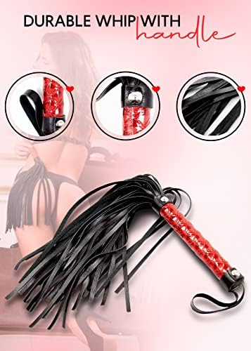 Black Flogger Whip 18" Adult Spanking Paddle 12" - BDSM Sex Set - Flogger Spanking Sex Soft - Sex Paddles for Spanking - Adult BDSM Flogger Paddle Set