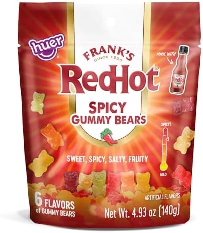 Huer - Frank's RedHot Original Spicy Gummy Bears 2 Pack - Sweet, Spicy, Salty, Fruity Easter Candy - 6 Flavors - A Fiery Twist on Classic Gummies - 4.93oz Bags (Pack of 2)
