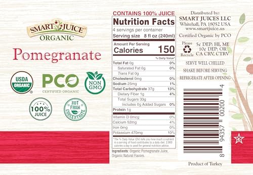 Smart Juice Organic Pomegranate Juice - 33.8 fl oz (1L) - (Pack of 6) 100% Juice Not From Concentrate