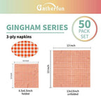 Gatherfun Disposable Paper Napkins 3-ply Orange and White Gingham Beverage Napkins for Dinner, Picnic, Birthday Party（6.5X6.5 in, 50-Pack)