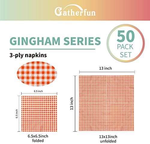 Gatherfun Disposable Paper Napkins 3-ply Orange and White Gingham Beverage Napkins for Dinner, Picnic, Birthday Party（6.5X6.5 in, 50-Pack)