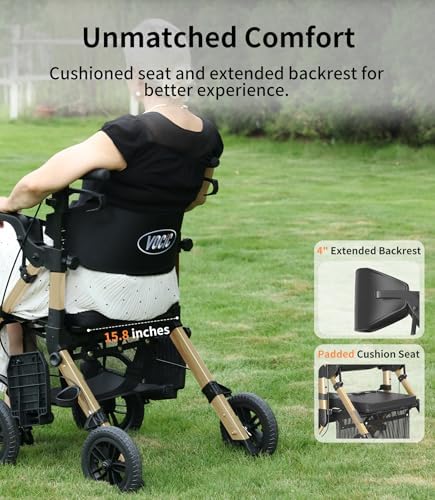 VOCIC Walkers-for-Seniors, Rollator-Walker-with-Seat, Transport-Wheelchair-Lightweight-Foldable, Adult Rolling Walker, Rollator Transport Chair with Brakes, 2 in 1 Walker Wheelchair Combo Z51