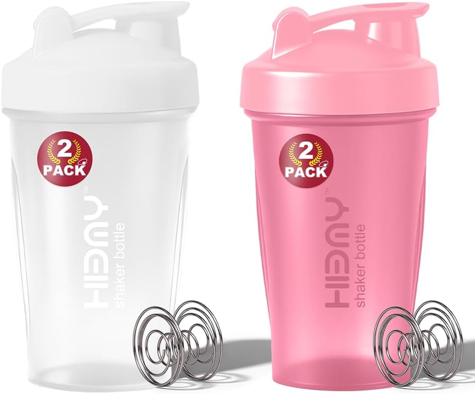 [ 2 Pack 400 ml / 12 OZ Protein Shaker Bottles for Protein Mixes, 2 x Whisk Ball | Shaker Cups for Protein Shakes | BPA Free, 100% Leak Proof, No Smell | Small Shake Bottle (D) White/Pink