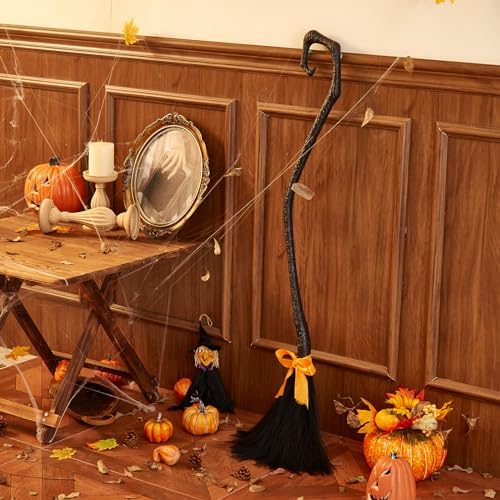 Witch Broom with Ribbon, Halloween Decoration Party Favor Photo Booth Accessories (Black-2)