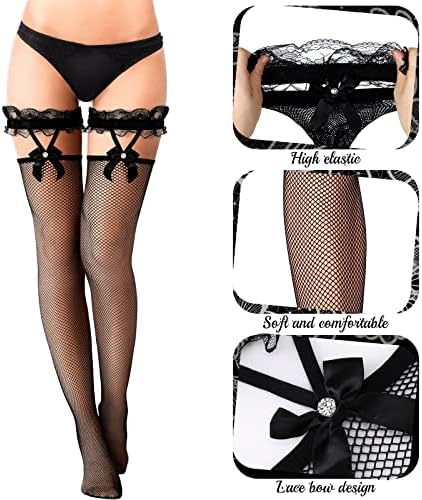 SATINIOR 2 Pairs Thigh High Fishnet Stockings Lace Bow Suspenders Hold up Halloween Stockings for Women